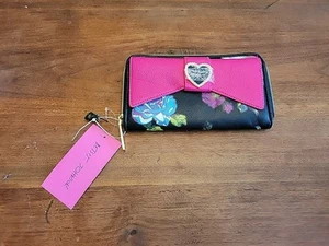Betsey Johnson Geldbörse schwarz Blumenmuster Reißverschluss große Schleife - Bild 1 von 12