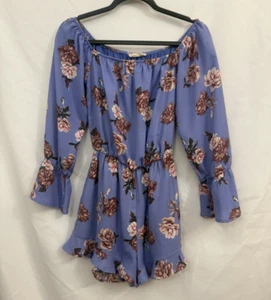 Peach Love California Blue Floral Off The Shoulder Romper Size S - Picture 1 of 9
