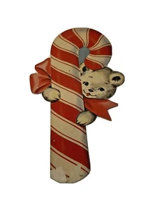 Vtg Dennison Xmas 8.5" Candy Cane Teddy Bear Die-Cut Cutout Cardboard Decoration - Picture 1 of 5
