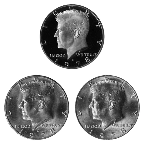 1978 P D S Kennedy Half Dollar 50c Year set Proof & BU US 3 Coin lot Cover