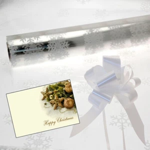 White Snowflake Cellophane Gift Wrap Hamper Christmas + Pull Bow & Xmas Card - Picture 1 of 4