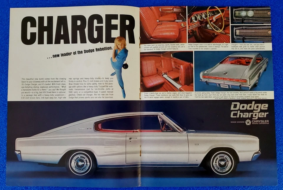 1960s DODGE CHARGER 426 STREET HEMI ORIGINAL CLASSIC 2 PAGE PRINT AD SHIPS FREE - Image 1 of 1