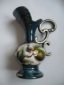 H. Bequet Vase Peacock Bird Belgium Dark Green / Gold Art Pottery Pitcher Vase - Picture 1 of 2