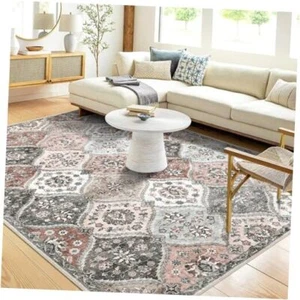Washable Area Rug Moroccan Trellis Living Room Rug Non-Slip 4'x6' Pink/Grey - Picture 1 of 8