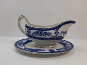 Antique flow blue gravy boat underplate Wood and Sons Lorraine Royal - Picture 1 of 11