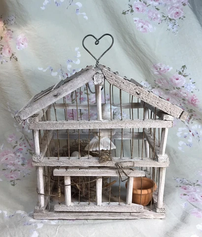 Vintage Rustic Shabby Chic Bird Cage Decor W/ Porcelain Bird & Real Nest W/ Eggs Cover