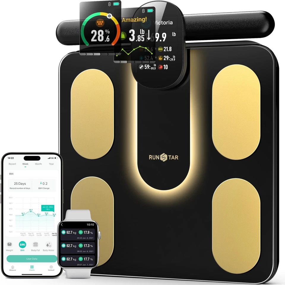 Runstar Smart Scale Body Fat Scale 8 Electrodes 28 Body Comp Data FG2305ULB Gold