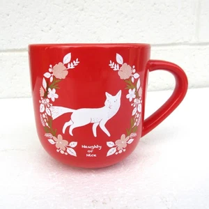 Red Christmas Stoneware White Fox Floral "Naughty Or Nice" Coffee Tea Mug 16 oz - Picture 1 of 12