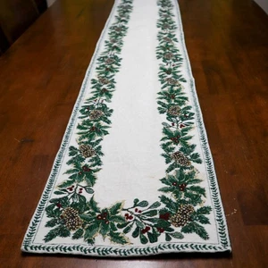 St. Nicholas Square Christmas Tapestry Tablecloth Runner 72"L Floral Holly Fir - Picture 1 of 7