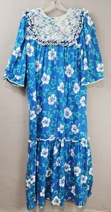 Vintage Royal Creations Hawaii Blue Floral Tiered Dress Lace Ruffle Trim XL - Picture 1 of 9