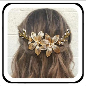 Flower Bride Wedding Hair Vine Gold Leaf Bridal Headpiece Pearl Evening Party... - Picture 1 of 7