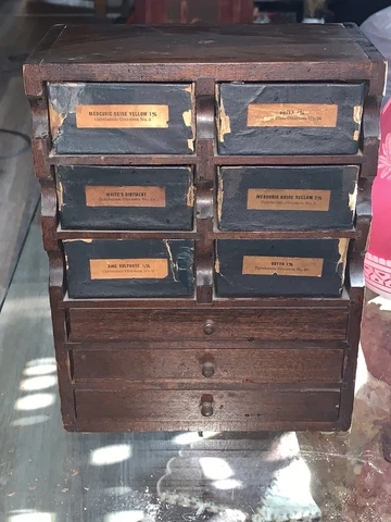 ANTIQUE Swan Meyers WOOD STORE DRAWER APOTHECARY CABINET Pharmaceutical Cover
