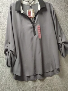 Kenneth Cole Reaction Women Shirt 2XL Gray Roll Tab Sleeve Dressy Blouse Top NWT - Picture 1 of 11