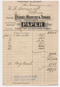 1904 distribuidores de papel Billhead Blake Moffitt & Towne San Francisco - Imagen 1 de 1