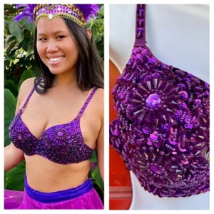 NWT Purple Mardi Gras Bra Blinged Out Beaded Sequin Bra Top Size 36-38 B/C - Picture 1 of 8