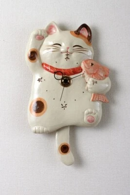 Lucky cat Pendulum Clock Manekineko Wall Pottery Japanese SETO ware Gift Present - Image 1 of 4
