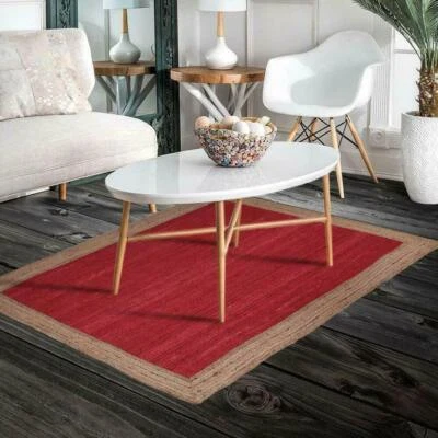Square Rug Red Dye Rug Farmhouse Area Rug Hand Woven Rustic Look Natural Jute - Image 1 of 4