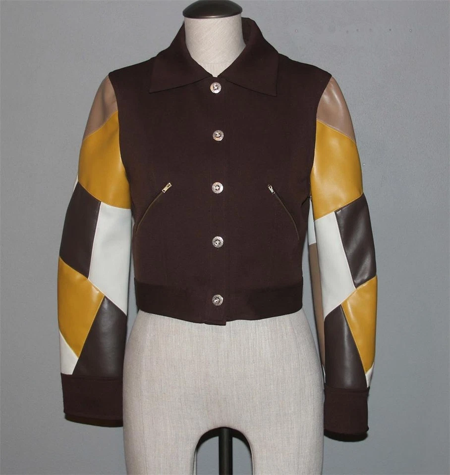 Chaqueta corta marrón Yoshii Express mangas de imitación de cuero diamante rara Wms S EXC Foto 1 de 1