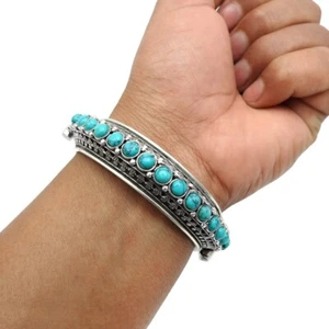Natural Turquoise Gemstone Artisan Bangle 925 Sterling Silver Ethnic Jewelry J3 - Picture 1 of 7