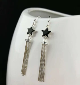 B09 Earring Star From Agate Black And Fringe Tassel Sterling Silver 925 - Imagen 1 de 10