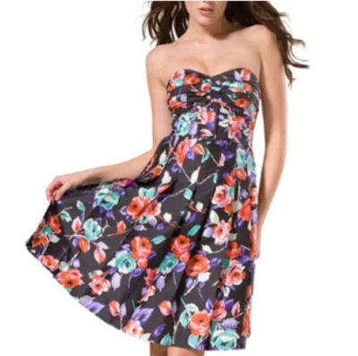 Express Women Black Floral Strapless Silk Mini Dress Size 2 Pleated Belted - Image 1 of 4