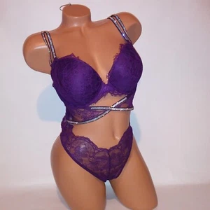 Victoria Secret Lencería Peluche Grande Body Brillo Correa Púrpura Push Up Encaje - Imagen 1 de 14