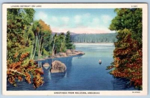 1930's GREETINGS FROM MALVERN ARKANSAS LAKE VINTAGE CURT TEICH LINEN POSTCARD - Picture 1 of 2
