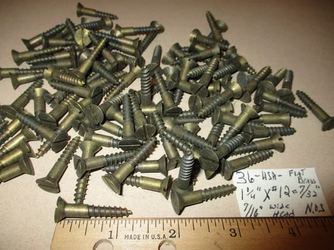 36--VINTAGE SOLID BRASS WOOD SCREWS WITH FLAT SLOT HEADS 1 1/4" LONG X #12=7/32" Cover