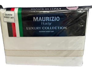 MAURIZIO Made in Italy Cotton Embroidered Gold Line QUEEN Sheet Set White - Picture 1 of 4