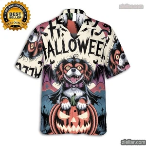 Spaventoso Cavalier King Charles Spaniel Halloween camicia hawaiana con zucche - Foto 1 di 6
