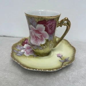 Tazza da tè e piattino NIPPON foglia d'acero Demitasse alto dipinto a mano rose bordo oro - Foto 1 di 19
