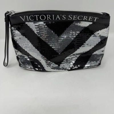 Bolso de Maquillaje Cosmético Victorias Secret Negro Plata Lentejuelas Cremallera Muñequera Bolsa Foto 1 de 4
