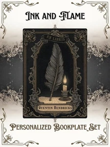 Ink & Flame Ex Libris Personalized Gothic Bookplates Candle Quill Library Labels - Imagen 1 de 6