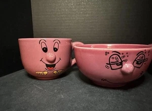Vintage Livingware 3D Silly Face Ceramic Bowl And Mug Mauve - Picture 1 of 2