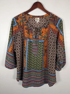 Fig and Flower Shirt Womens Large Multicolor Boho Peasant Tie Neck 3/4 Sleeve - Picture 1 of 11