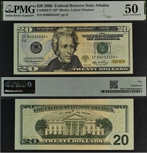 2006 20 $ Federal Reserve Schein PMG 50 - Fancy Serial Number Star 000333* - Bild 1 von 3