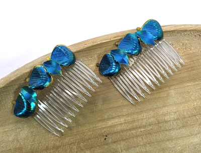VTG Side Hair Combs (2) Blue Metal Leaves NWOT Pair - Image 1 of 4