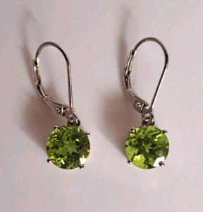 925 Sterling Silver Genuine Peridot 4CT 8mm Round Drop Dangle Hinged Earrings - Picture 1 of 5