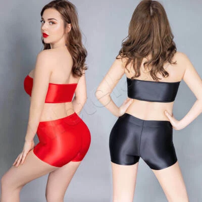 Women's Shiny Satin Glossy Crop Tube Top Vest Bra Bandeau & Boxer Shorts Panties - Image 1 of 4