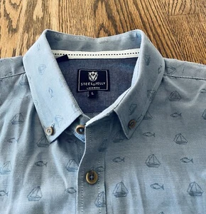 Steel & Jelly Herren Lg Chambray Segelboot & Fisch Druck Knopfleiste Flip Manschette EUC - Bild 1 von 9