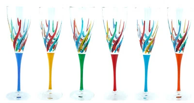 Set of Six 6 Murano Champagne Wine Glass Hand Painted Multi Mixed Stems - Image 1 of 4