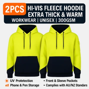 2PC Hi-Vis Safety Work Wear Long Sleeve Jacket Unisex Hooded Fleece Warm Top - Picture 1 of 17