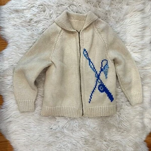 Vtg Cowichan Sweater Hand Knit Fishing Design 🎣 - Picture 1 of 6