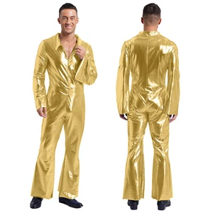 Mens 70s Disco Costume Shiny Metallic Unitard Zentai Zipper One Piece Jumpsuits - Picture 1 of 48