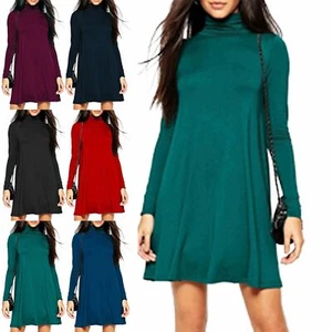 Ladies Womens Polo High Franki Flared Long Sleeve Neck Turtle Swing Skater Dress - Picture 1 of 6