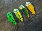 Lot of 4 Vintage Buck Perry Spoonplug Fishing Lures Green & Yellow Dotted 3 3/4"