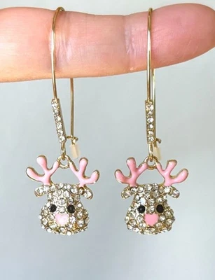 Pink Enamel Antlers Rhinestone Gold Tone Reindeer Head Christmas Winter Earrings - Image 1 of 4