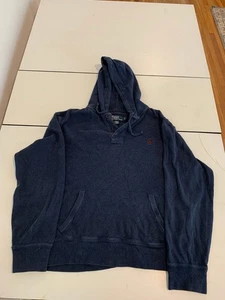 Polo Ralph Lauren Hoodie Mens Large Navy Blue Henley Waffle Knit Pullover Preppy - Picture 1 of 7