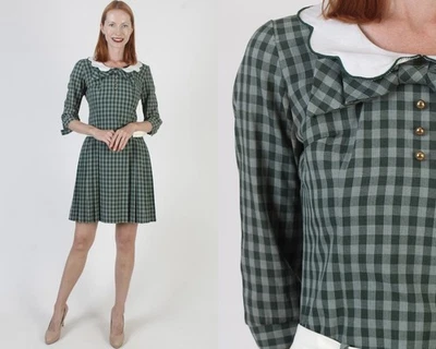 Vtg 60s Green Plaid Dress Drop Waist Peter Pan Collar Holiday Party Micro Mini - Image 1 of 4