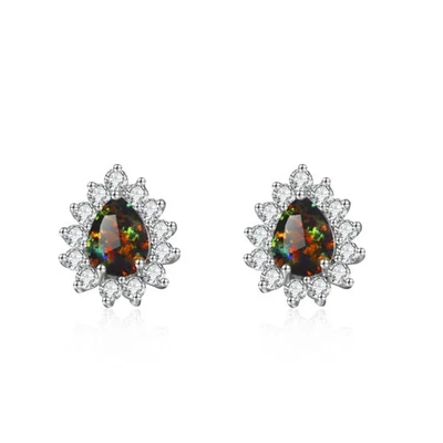 Hawaii Oval Black Fire Opal Water Drop Earrings Silver Filled For Women Girls - Image 1 of 4